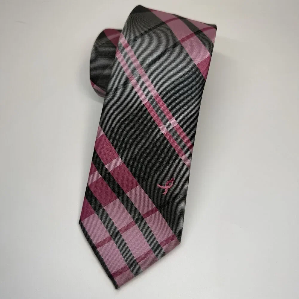 Knots For Hope Susan G Komen Breast Cancer Awareness Necktie Pink Gray Plaid